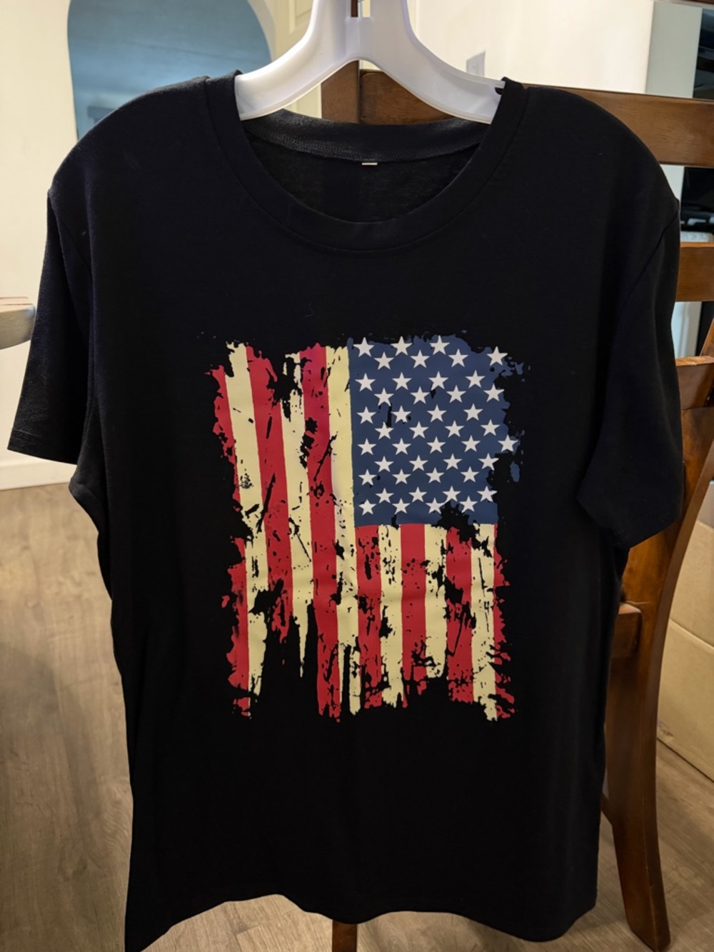 Black T-Shirt with Distressed American Flag Graphic